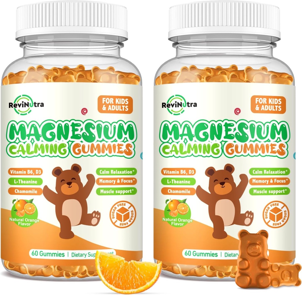 Gommies de magnésium pour les enfants - Supplément Glycinat de magnésium avec L-Theanine, vitamine B6, D3 pour les adultes et les enfants, Magnésium calme pour le sommeil, relaxation, cerveau, os, sans sucre orange 120ct