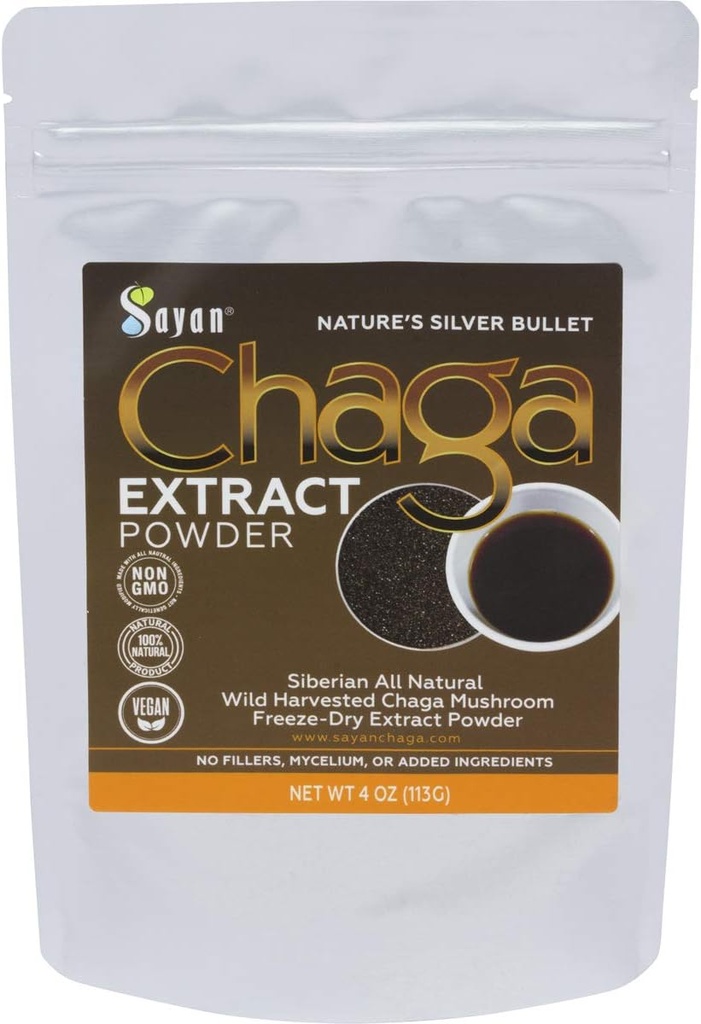 Sayan Chaga Extrait de champignons en poudre (4oz) – Congélateur séché en Sibérie sauvage récolté - Thé antioxydant biologique pour l'immuno-digestion - Focus, énergie, clarté, bien-être - Pas d'additifs
