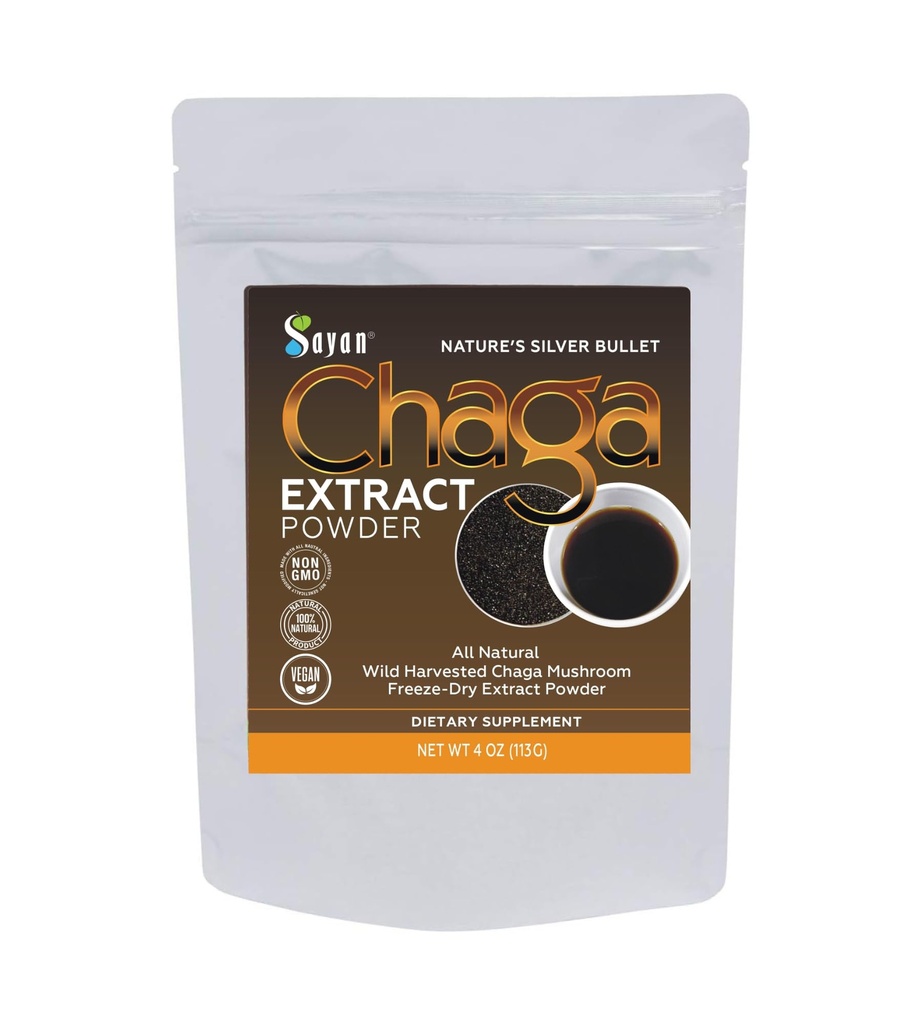 Sayan Chaga Extrait de champignons en poudre (4oz) – Congélateur séché en Sibérie sauvage récolté - Thé antioxydant biologique pour l'immuno-digestion - Focus, énergie, clarté, bien-être - Pas d'additifs