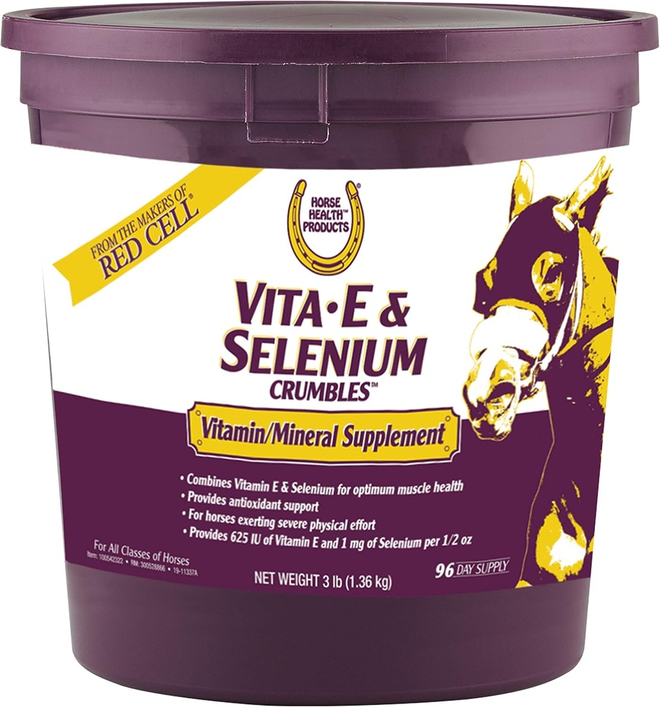 Horse Health Vita E & Sélénium Crumbles Horse Vitamine Supplement, soutient la santé musculaire optimale et le soutien antioxydant, 3 lbs., 96 Day Supply