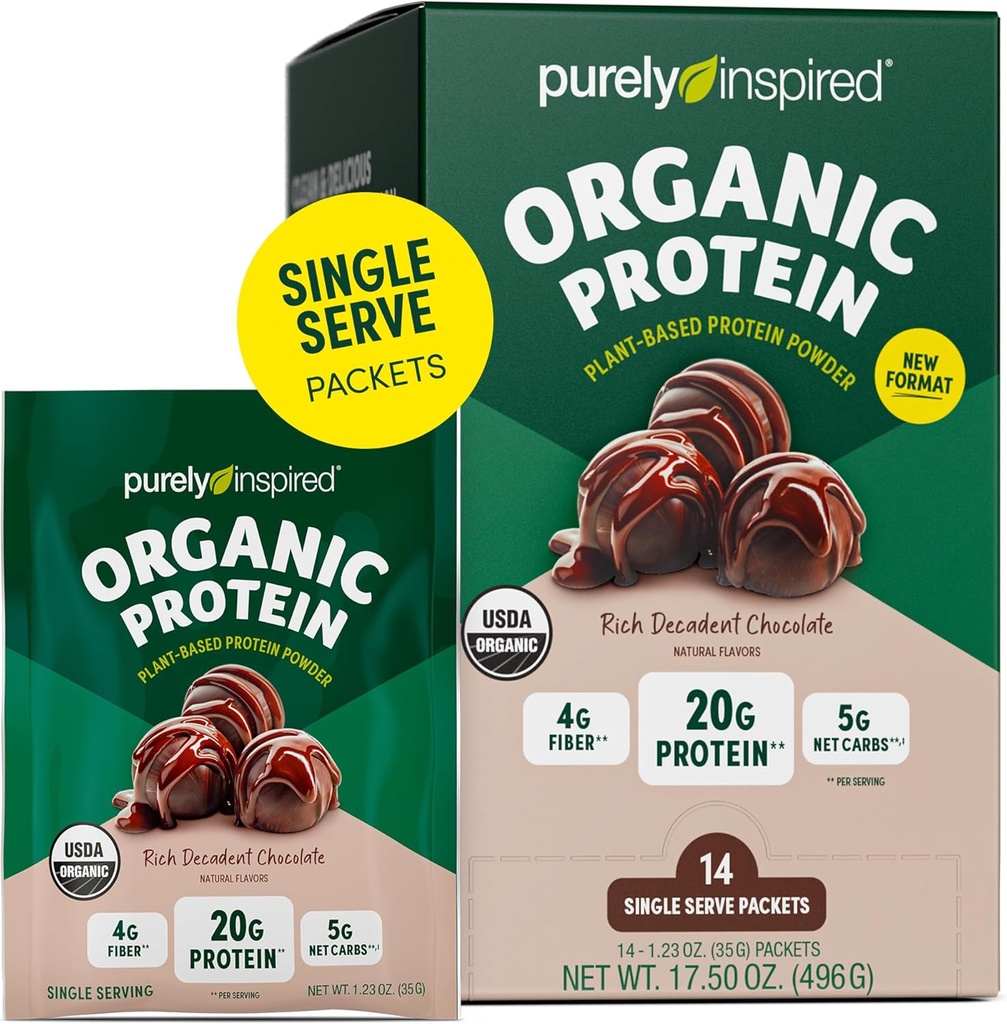 Poudre de protéines organiques purement inspirée, 14 sachets à portion unique, chocolat riche et décadent - 20g de poudre de protéines à base végétale pour les smoothies et les shakes - Sans lait, sans OGM - pour les hommes et les femmes