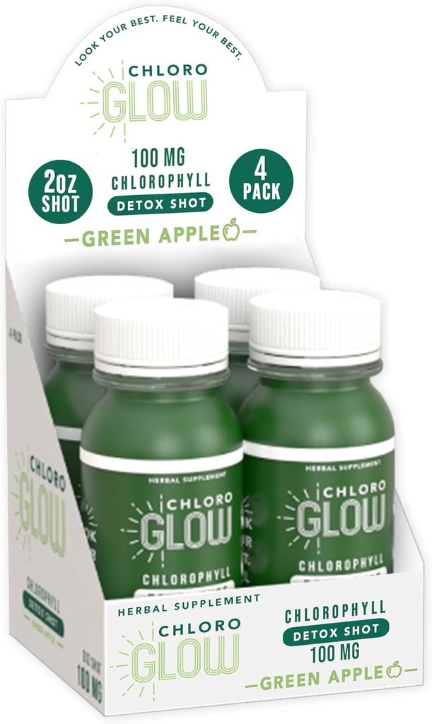 Chloroglow Chlorophyll Shots – Pomme verte biologique à base de plantes pour le soutien immunitaire et le nettoyage corporel – Supplément naturel (4 Pack)