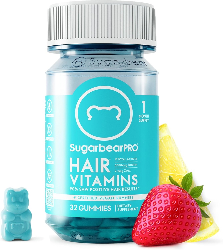 SugarBearPro Vitamine Gummy 1 mois d'approvisionnement, Biotine Extra Strength 6000mcg pour la croissance des cheveux, Vitamine Vegan B12, MSM, Inositol, Omega 3, Elderberry, Certifié Kosher, Halal, Sans cruauté