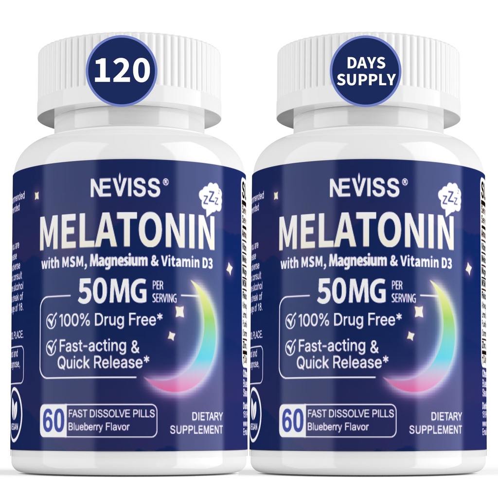 NEVISS Melatonin 50 mg for Adults - Extra Strength 9-in-1 Fast Dissolve Sublingual - High Dose with Magnesium Glycinate, Vitamin D3, Ashwagandha, Lemon Balm, Chamomile, Sugar Free,Vegan 120 Tablets