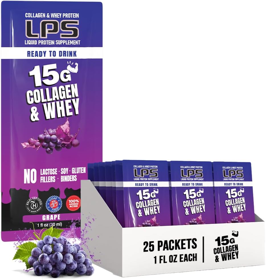 Conceptions nutritionnelles LPS Collagène liquide et supplément de protéines de lactosérum - boisson non-OGM, sans sucre - favorise une peau et des cheveux sains pour les hommes et les femmes, le raisin, une seule portion (25 paquets)