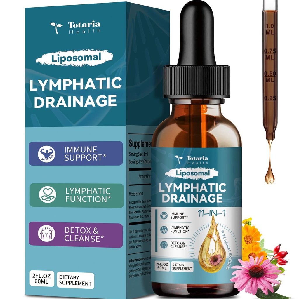 Drainage liposomique Lymphatique gouttes - Supplément de drainage lymphatique biologique de 11 en 1 avec racine de lard, Echinacea, Elderberry, Calendula, Cleavers Herb, Dandelion soutient la santé lymphatique 2 FL.OZ