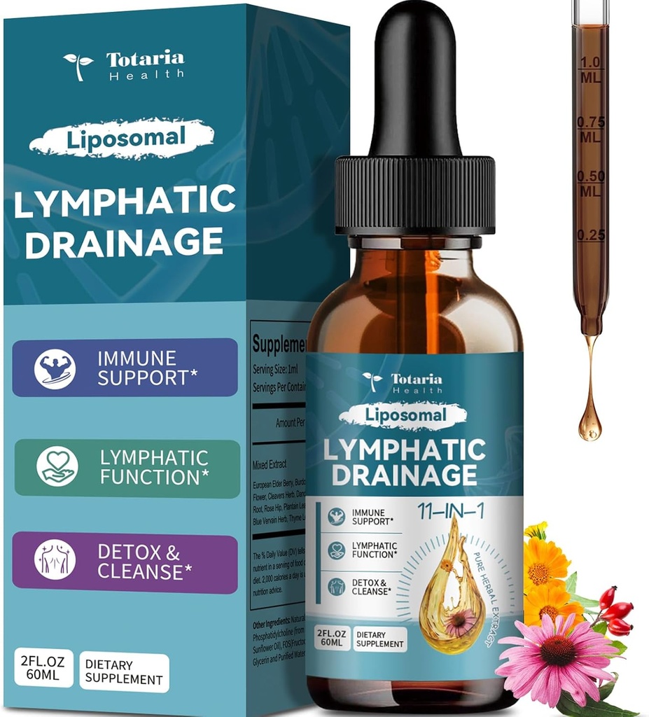 Drainage liposomique Lymphatique gouttes - Supplément de drainage lymphatique biologique de 11 en 1 avec racine de lard, Echinacea, Elderberry, Calendula, Cleavers Herb, Dandelion soutient la santé lymphatique 2 FL.OZ
