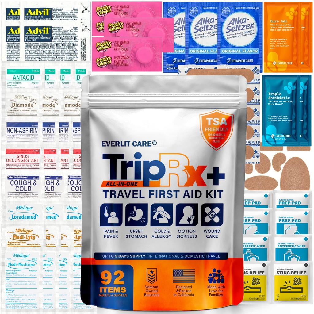 EVERLIT CARE Travel Medicine All in One First Aid Kit I OTC Meds + Medical Supplies I TSA Compliant Compact Size Med Pack for Traveling, Camping, Cruising.Individually Packaged.