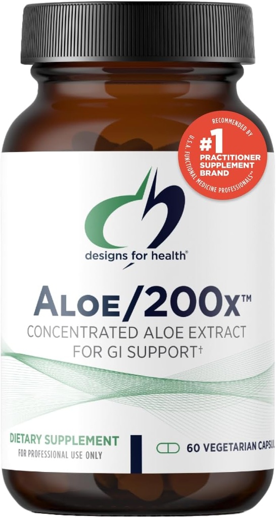 Designs for Health Aloe/200x - 200mg Extrait d'Aloe Vera - Supplément de feuille d'Aloe hautement concentré pour support GI - Pilules végétales non OGM (60 capsules)