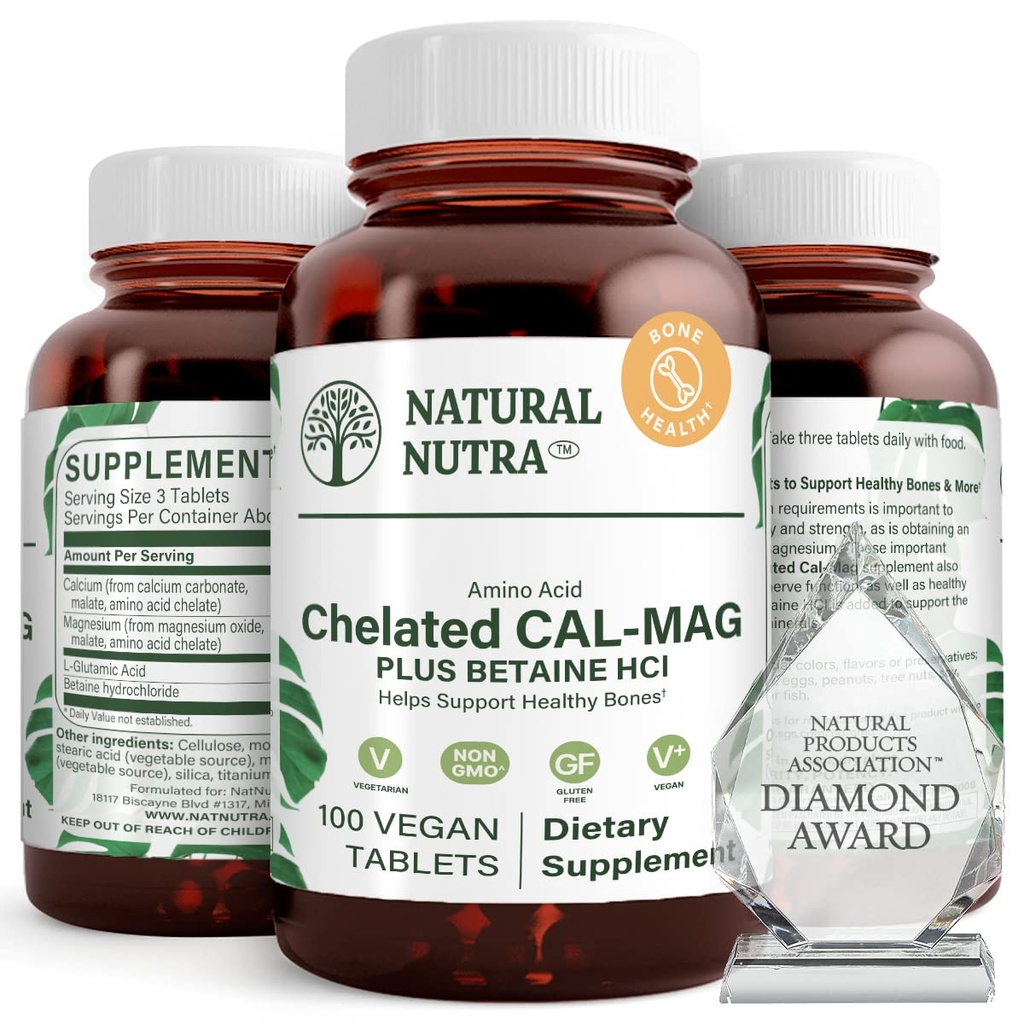 Natural Nutra Chélaté Calcium Magnésium 1000/500 mg Suppléments Plus Betaine HCL - Chélaté Cal Mag améliore la densité osseuse, soutient les muscles, les dents, la santé cardiovasculaire et nerveuse, 100 comprimés végétaliens