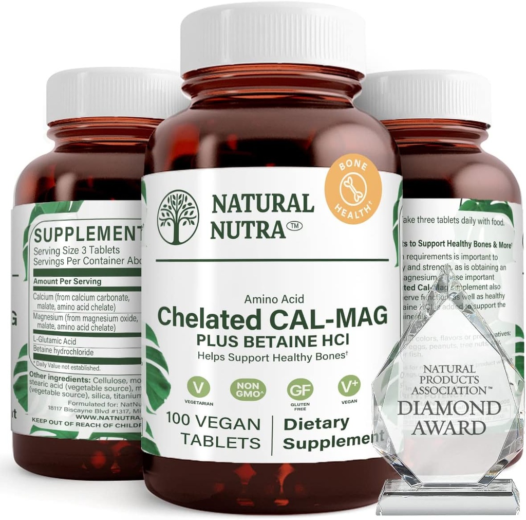 Natural Nutra Chélaté Calcium Magnésium 1000/500 mg Suppléments Plus Betaine HCL - Chélaté Cal Mag améliore la densité osseuse, soutient les muscles, les dents, la santé cardiovasculaire et nerveuse, 100 comprimés végétaliens