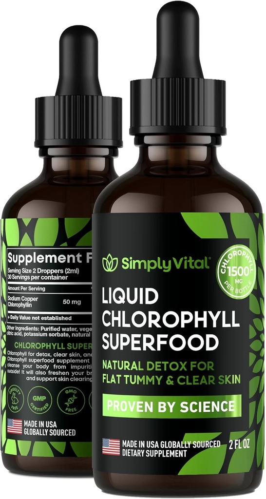 SimplyVital Chlorophyll Liquid Drops for Clear Skin & Energy Boost - Supplément de soutien immunitaire - Fabriqué aux États-Unis - Chlorophylle liquide pour la santé Gut - Déodorant interne - Antioxydant- 2 FL OZ