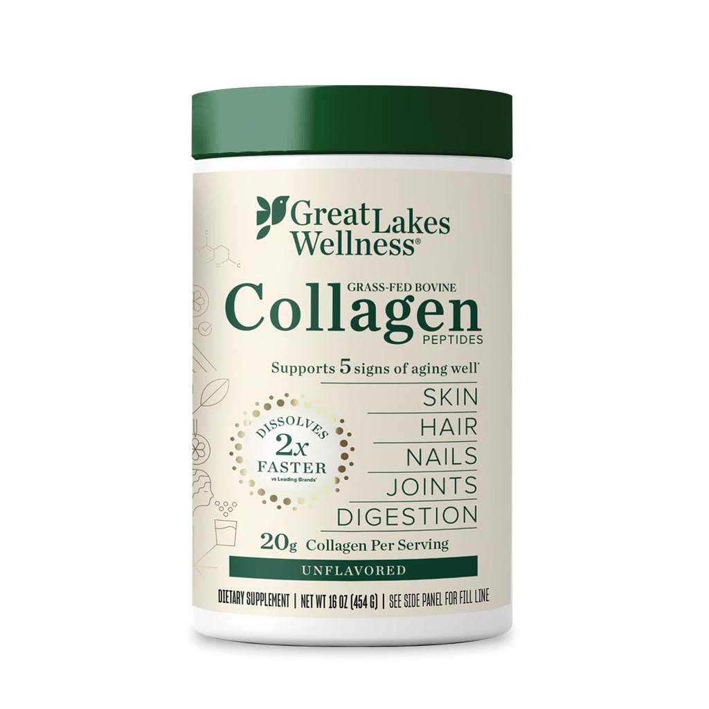 Great Lakes Wellness Collagen Peptides Poudre pour la peau, les cheveux, les ongles, les articulations et la digestion - Non aromatisé - Dissoudre rapidement Hydrolysé, non-OGM, Keto, Kosher - 16oz