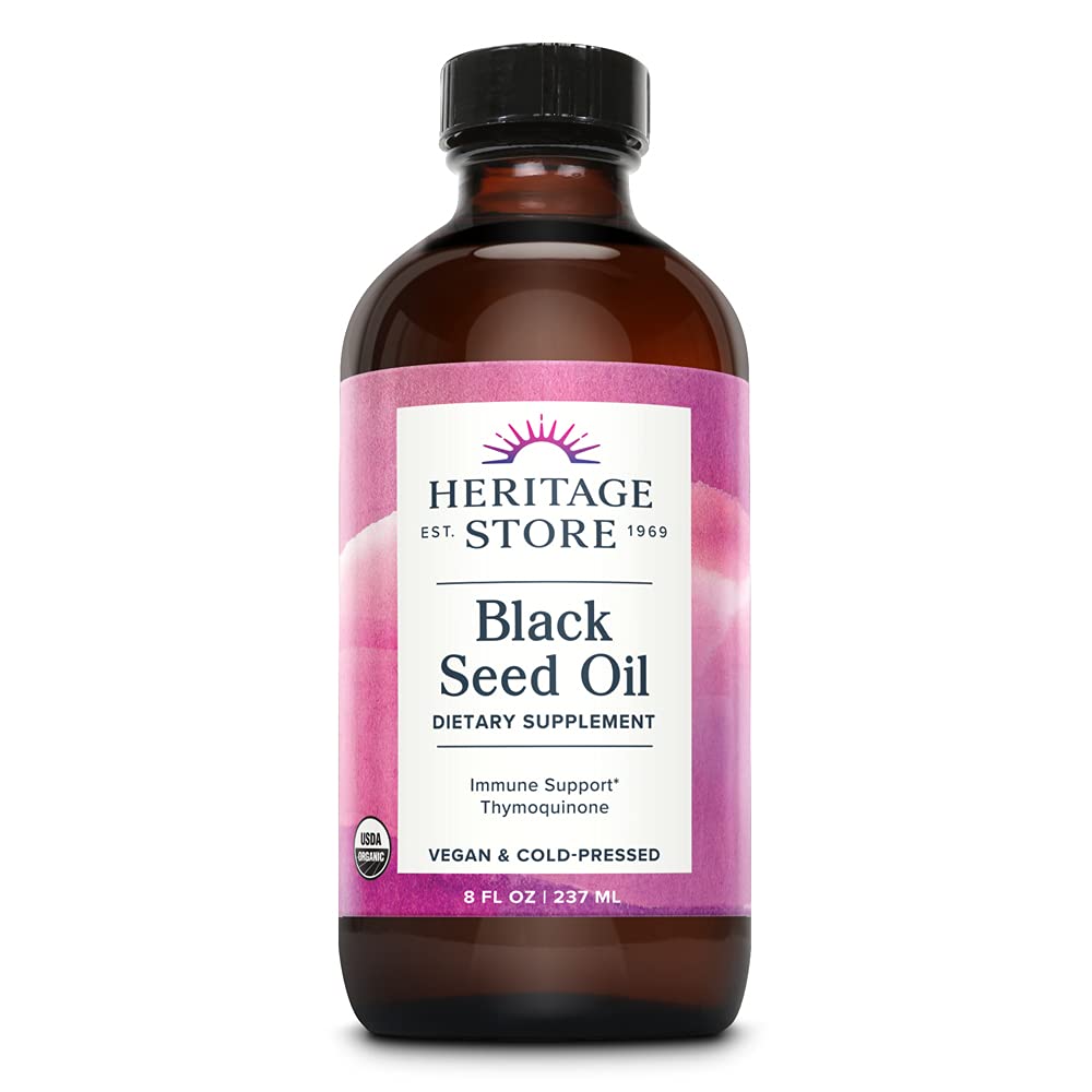 HERITAGE STORE Huile de graines noires, bio, supplément Nigella Sativa pressé à froid avec Thymoquinone, Omega 3 6 9, Antioxydant, Immunité, Cholestérol, Digestion, Coeur et rejoindre le soutien de santé*, Vegan, 8oz