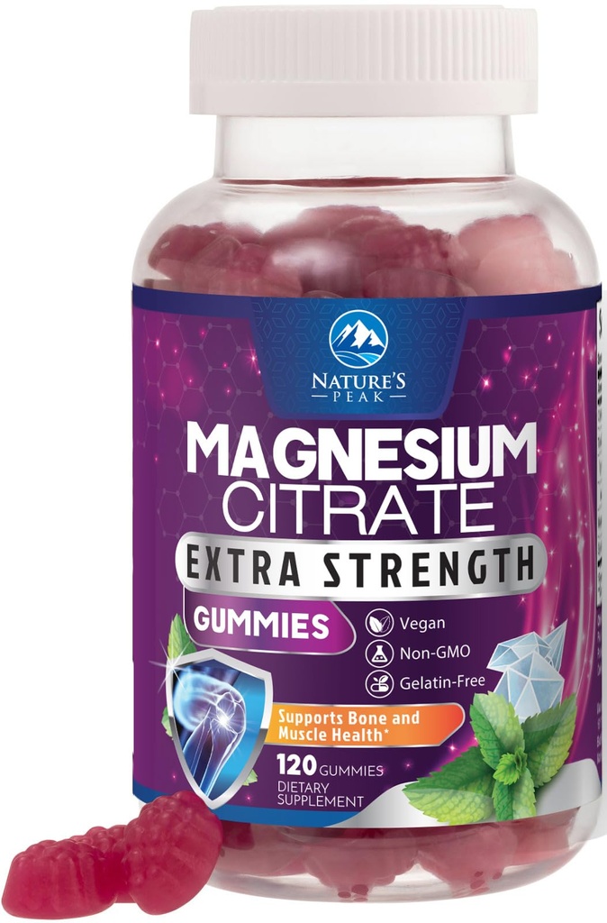 Supplément de citrate de magnésium Gommies - Gommy de magnésium à absorption élevée pour adultes et enfants, Suppléments de citrate de magnésium pour os, santé musculaire, soutien cardiaque, végétalien, sans gluten, sans OGM - 120 Gommies