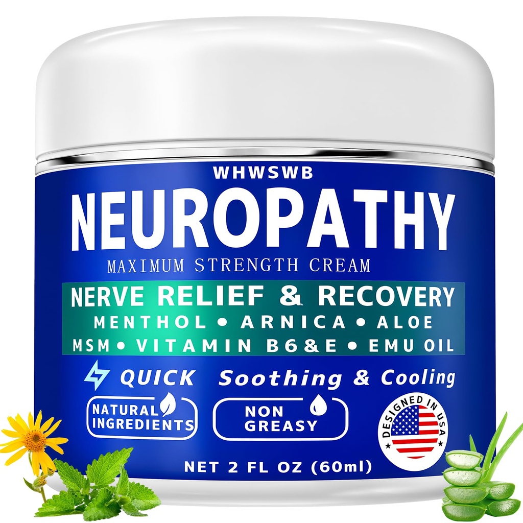 Neuropathy Nerve Relief Cream - Maximum Strength for Feet, Hands, Legs, Toes Includes Menthol, Arnica, Aloe Vera, Emu, MSM, Vitamin B6, Effective Cooling Soothing