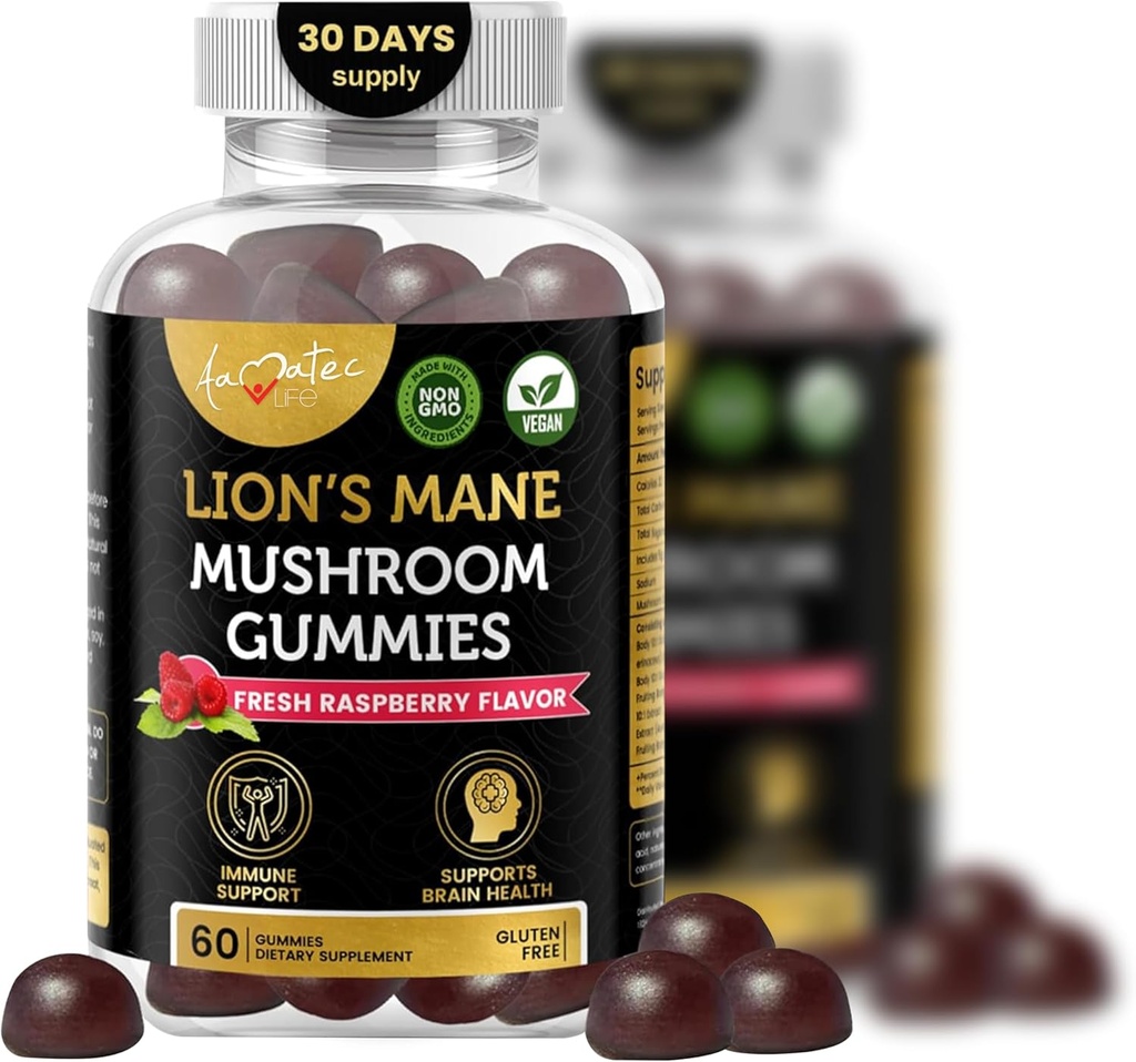 Aamatec Life Mushroom Gummies for Adults | 10 Mushroom Complex with Lions Mane Reishi Chaga & Cordyceps Mushroom | Brain, Immune & Energy Support | Raspberry Flavor