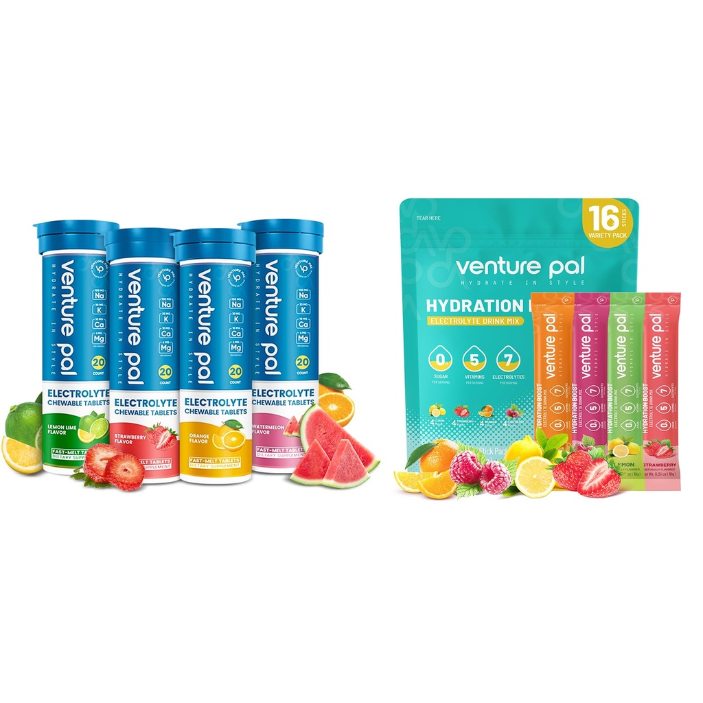 Venture Pal Powder Packets sans électrolyte sans sucre et tablettes électrolytes à meule rapide à croquer, électrolyte sport pour la course à pied Randonnée Cyclisme Sports Nutrition