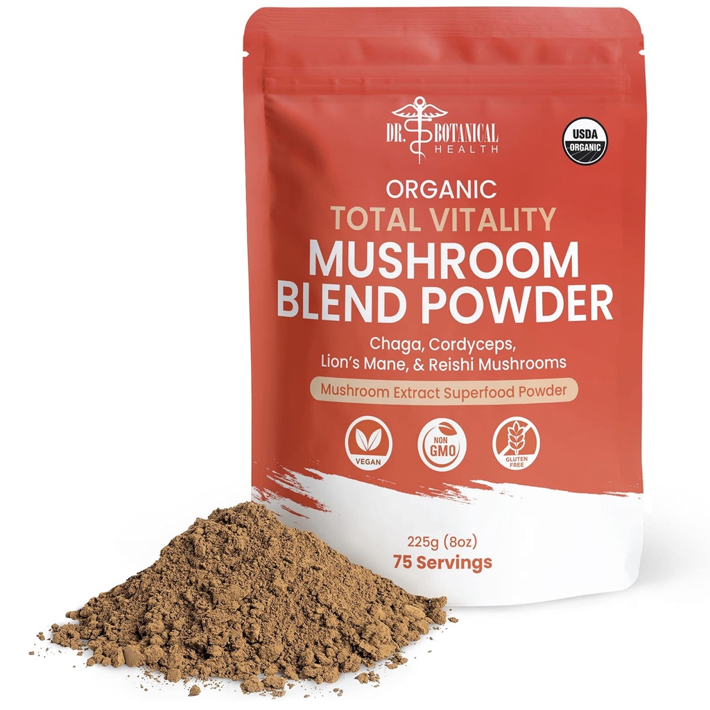 Mélange de Poudre de Champignon Biologique - Reishi 4-en-1, Lion, Manille, Cordyceps et Chaga Mélange de Champignon Extract Complex, Mélange de Champignon Poudre pour Imune Boost & Soutien Cerveau, Ajouter au Café, Thé ou Eau