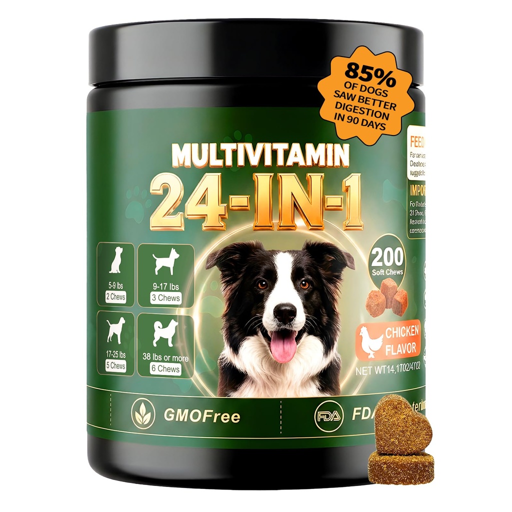 24-in-1 Dog Vitamins and Supplements 200 Ct Daily Multivitamin for Dogs Hip & Joint, Skin, Digestion, Immune