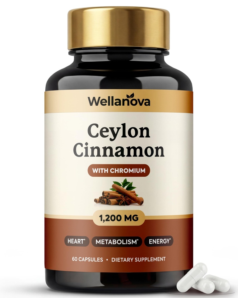 Ceylon Cinnamon Capsules Supplement with Chromium - 1,200 mg True Cinnamomum Verum, Chromium Picolinate 200 mcg - Heart, Metabolism & Energy Support - 60 Vegan Capsules