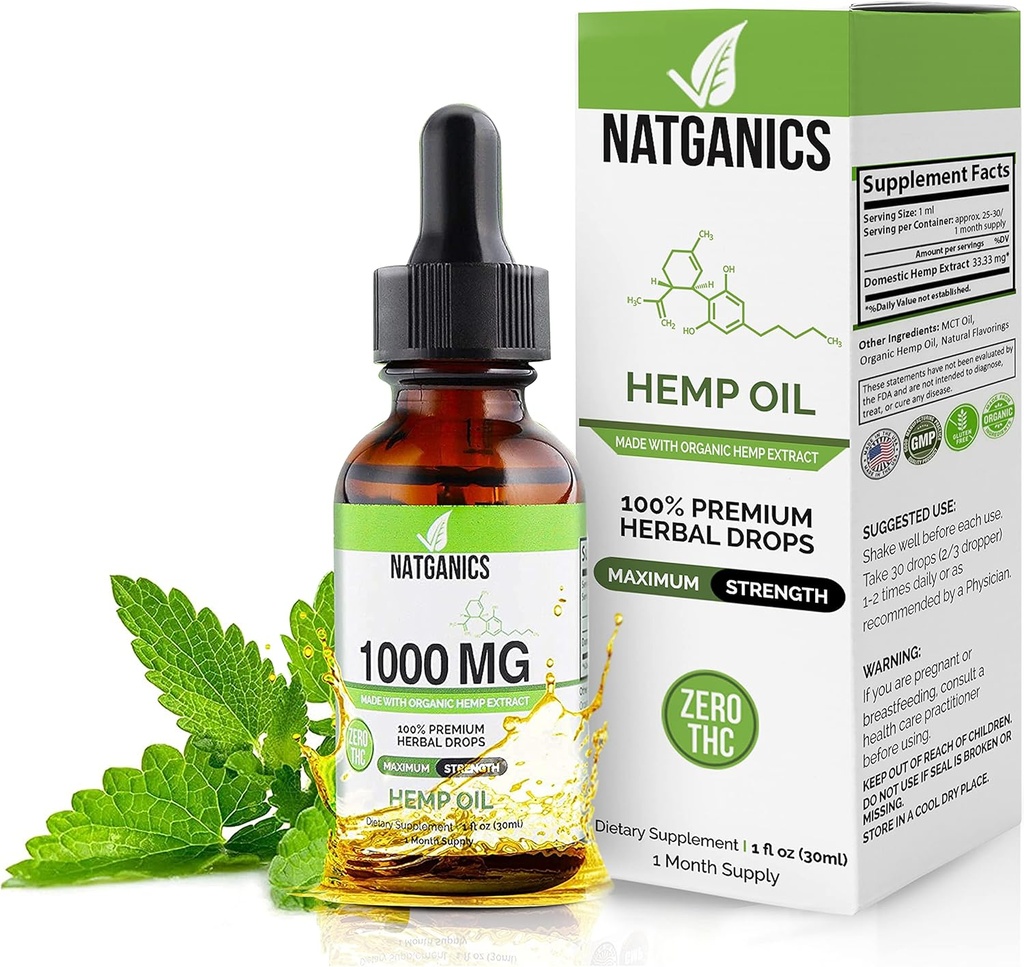 Organic Hemp Oil 1000mg - Ultra Premium Hemp Oil Drops 1000mg - Natural Hemp Oil Extract Tincture - Non-GMO Ultra-Pure CO2 Extracted Drops - Omega Fatty Acids 3 6 9 - Organically Grown & Made in USA