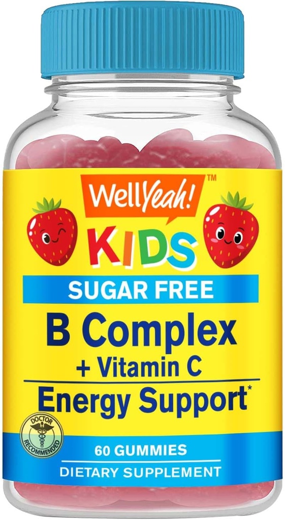 WellYeah Kids Vitamin B Complex Sugar Free Gummies | with Vitamin C, Folic Acid | Immune and Energy Support | Strawberry Flavor | 60 Count