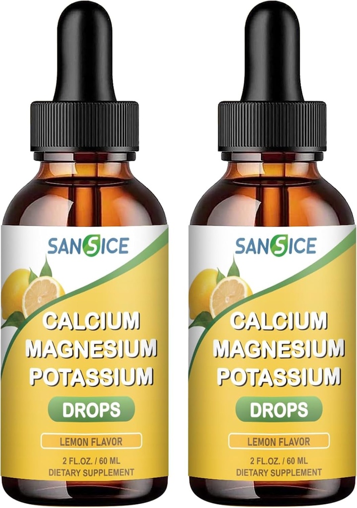 Calcium Potassium Liquid Drops-High Absorption Magnésium Glycinate Complexe Liquid-Mineral Supplément avec 600mg Calcium 1000mg Potassium pour l'énergie Sommeil Relaxation-2 Pack