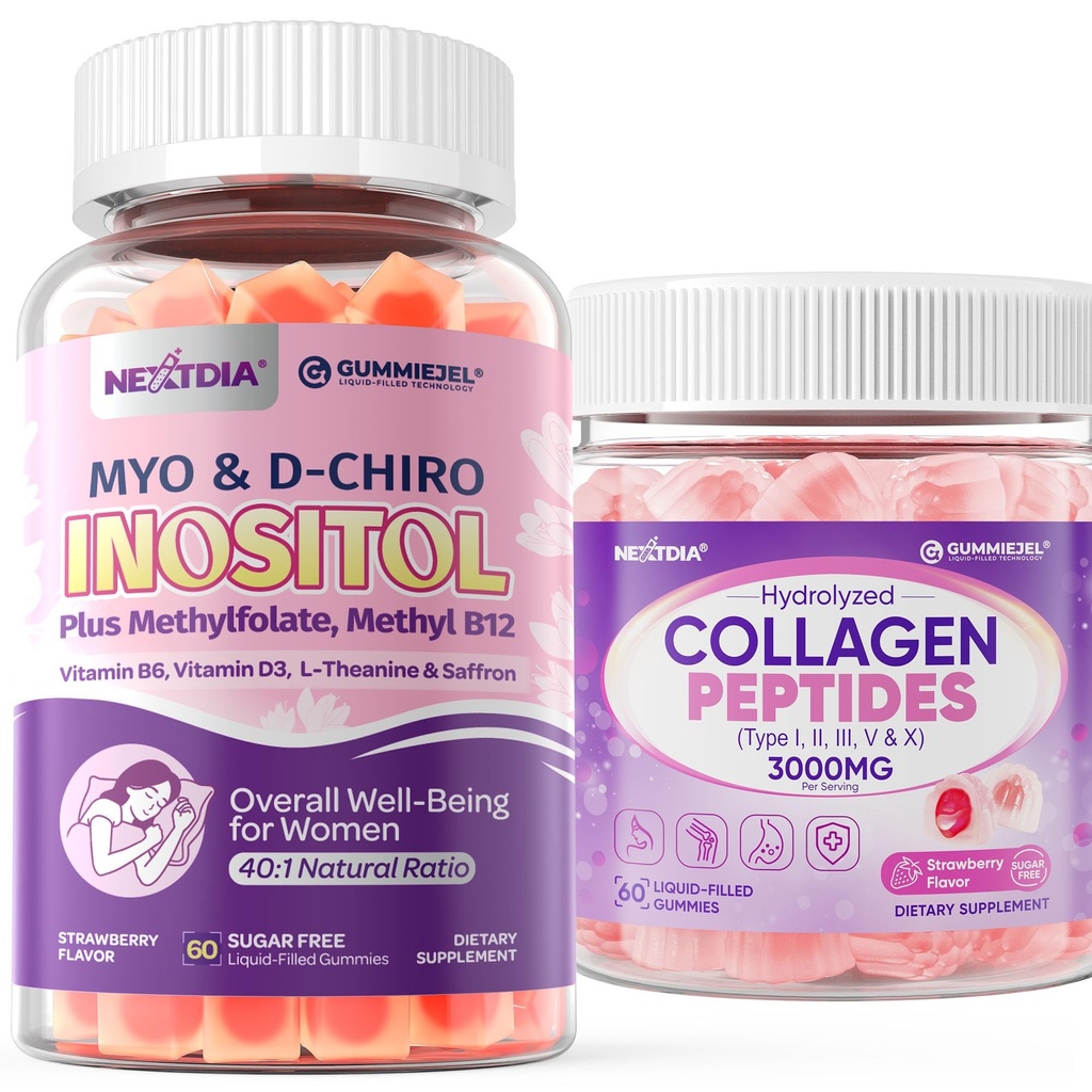 Nextdia Sugar Free 1 Pack Collagen Gummies for Women & Men + 1 Pack Myo-Inositol & D-Chiro Inositol Gummies