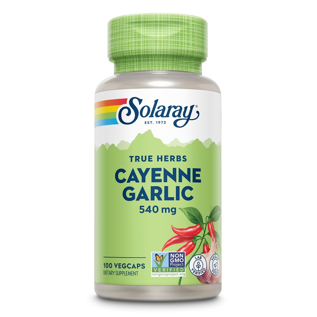 SOLARAY Cayenne Ail 540 mg - Suppléments de poivre et d'ail Cayenne avec Capsaicin - Fourniture de 40 000 unités de chaleur - Projet non OGM Vérifié, végétalien, garantie de 60 jours - 100 portions, 100 VegCaps