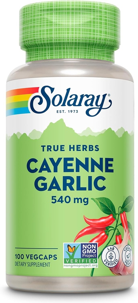 SOLARAY Cayenne Ail 540 mg - Suppléments de poivre et d'ail Cayenne avec Capsaicin - Fourniture de 40 000 unités de chaleur - Projet non OGM Vérifié, végétalien, garantie de 60 jours - 100 portions, 100 VegCaps