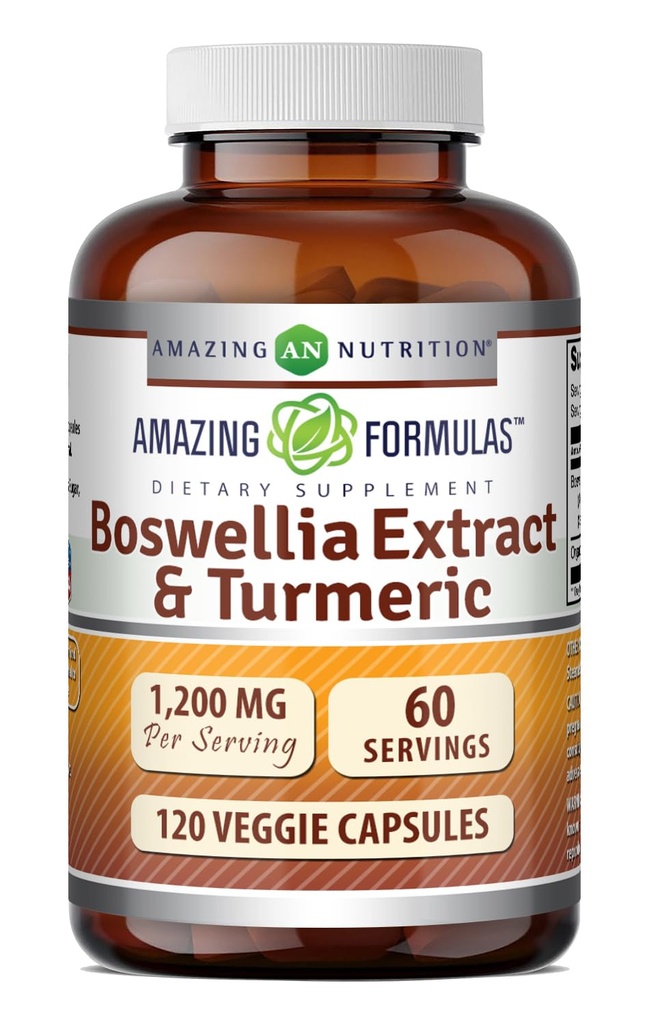 Amazing Formulas Boswellia Extract & Turmeric 1200mg Per Serving Supplement | Veggie Capsules | Non-GMO | Gluten Free | Made in USA | Suitable for Vegetarians (120)