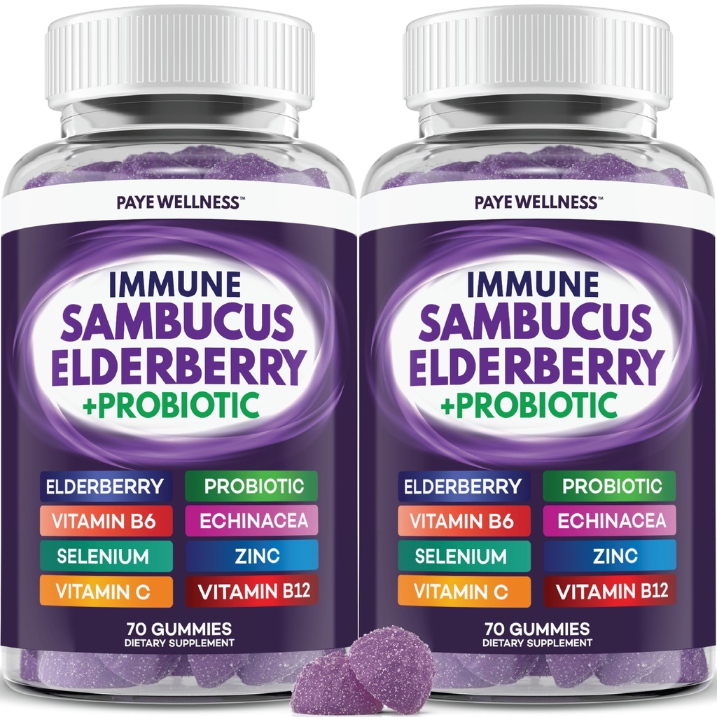 Gummies de la baie aînée Soutien immunitaire, soutien quotidien pour les enfants et les adultes*, avec la baie aînée de Sambucus, le zinc, la vitamine C, D3, B6, B12, Plus - Supplément alimentaire - 140 Compte