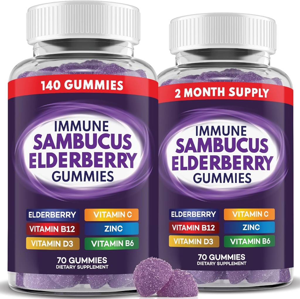 Gummies de la baie aînée Soutien immunitaire, soutien quotidien pour les enfants et les adultes*, avec la baie aînée de Sambucus, le zinc, la vitamine C, D3, B6, B12, Plus - Supplément alimentaire - 140 Compte