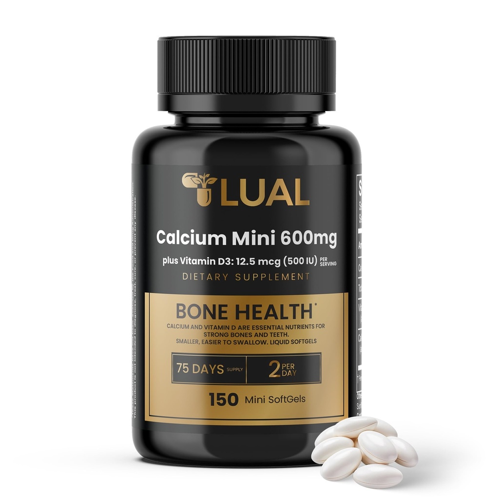 LUAL Calcium Minis 600 mg avec vitamine D3 - Bone & Muscle Support - 150 Mini Softgels - Facile à avaler - Calcium & D3 pour les os forts et la mobilité