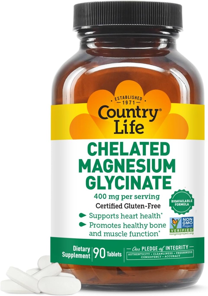 Pays Vie Chélaté Magnésium Glycinate 400mg, 90 comprimés, certifié sans gluten, certifié végétalien, certifié halal, non-OGM vérifié