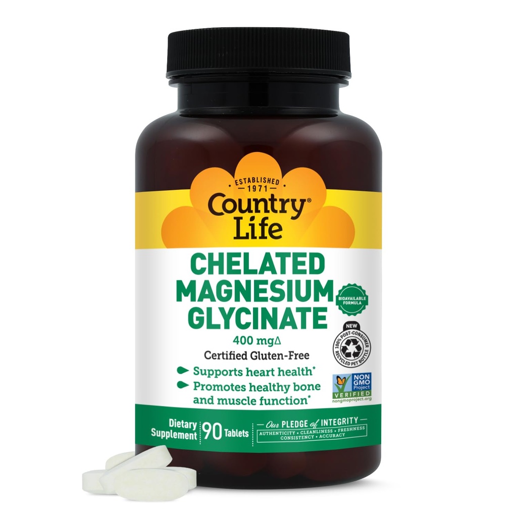 Pays Vie Chélaté Magnésium Glycinate 400mg, 90 comprimés, certifié sans gluten, certifié végétalien, certifié halal, non-OGM vérifié