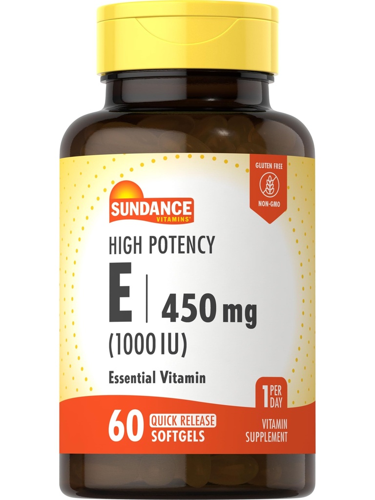 Sundance High Potency Vitamine E= 450mg (1000 UI)= 60 Softgels= Supplément de vitamine essentiel= formule sans OGM et sans gluten