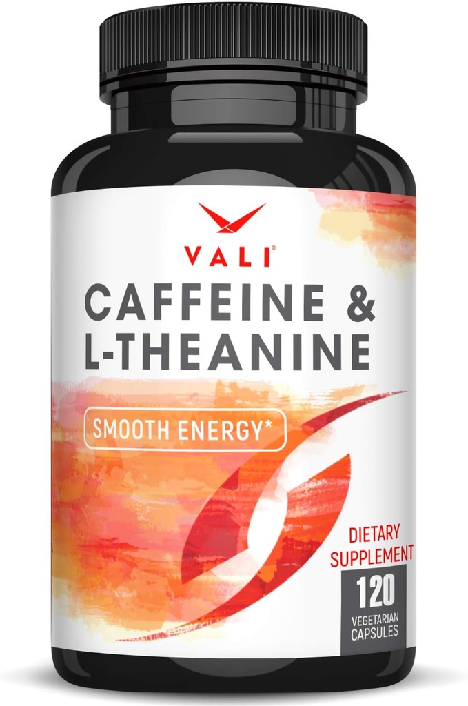 VALI Caféine 50mg & L Theanine 100mg - Pilules de caféine & L-Theanine pour Smart Smooth Energy & Focus Supplément. Nootropic Cerveau Booster Soutien cognitif Stack & Focused Clarity. 120 Capsules de Veggie