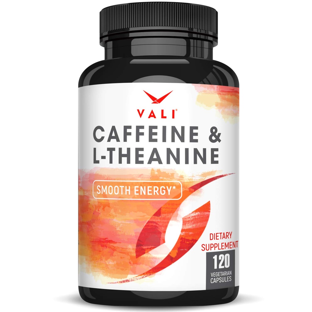 VALI Caféine 50mg & L Theanine 100mg - Pilules de caféine & L-Theanine pour Smart Smooth Energy & Focus Supplément. Nootropic Cerveau Booster Soutien cognitif Stack & Focused Clarity. 120 Capsules de Veggie