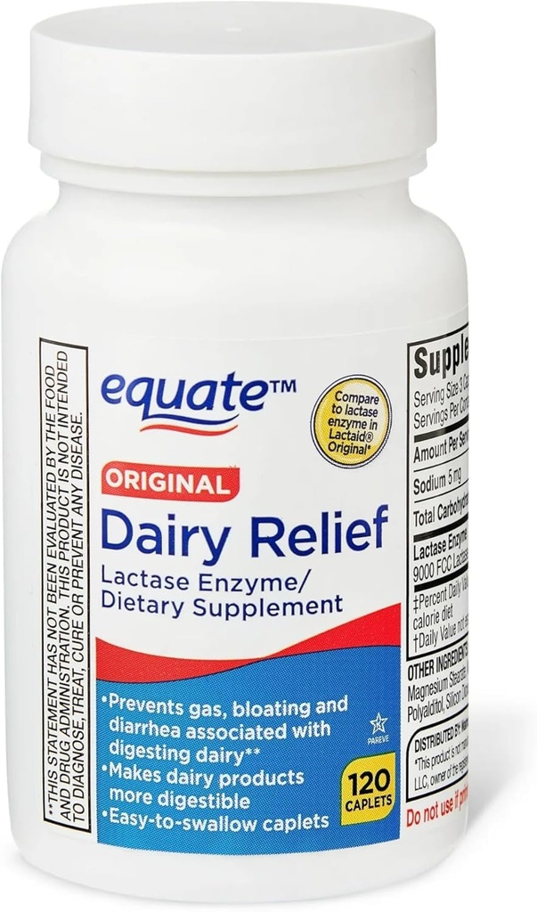 Caplets de soulagement des produits laitiers, original, enzyme de lactase, 120 pilules par équateur (paquet de 1) + Sticker