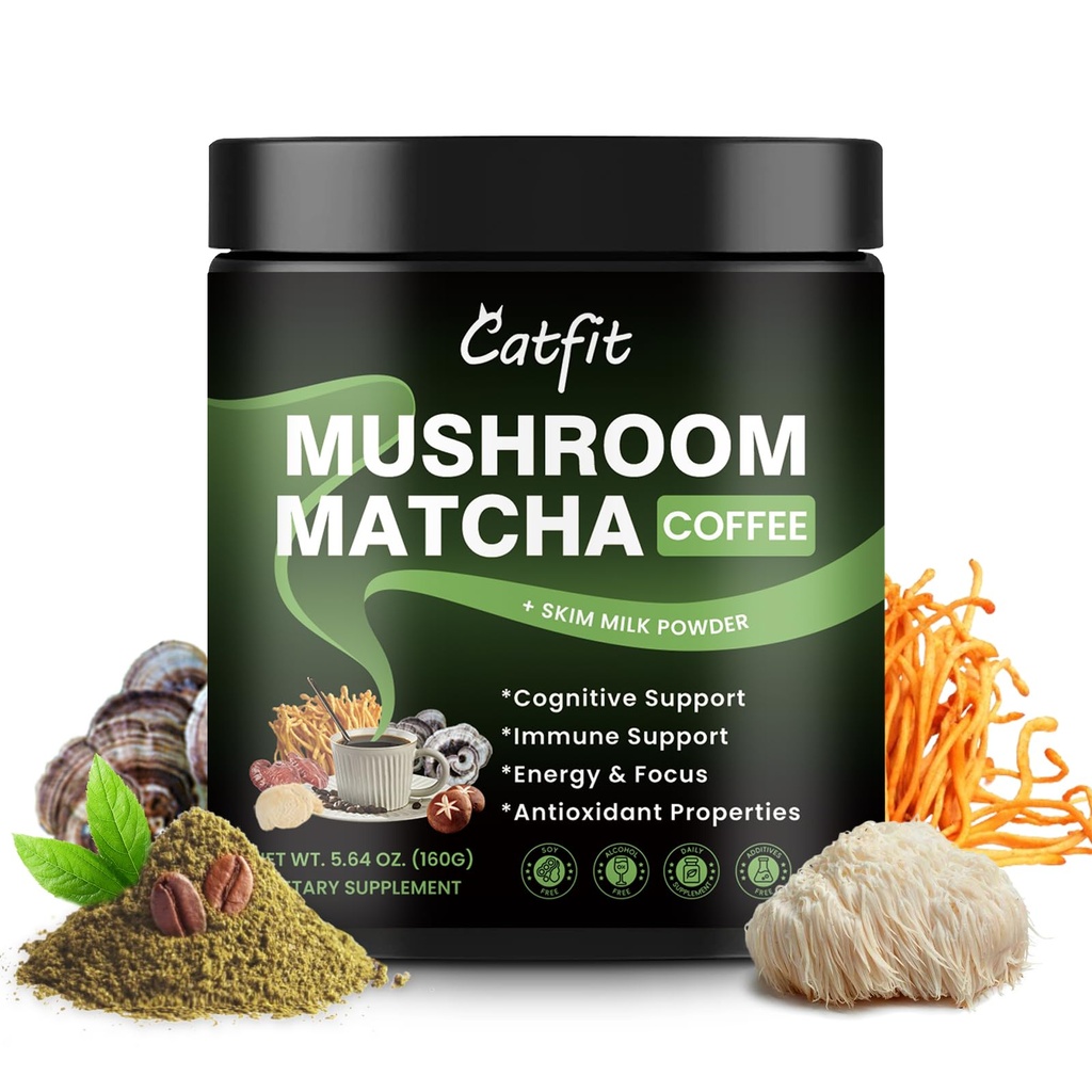 Mushroom Coffee,10 Adaptogenic Mushrooms With Matcha Powder MCT Oil, Hydrolyzed Collagen, Instant Coffee with Lion's Mane, Chaga, Cordyceps, L-Theanine for Energy, Focus, Digestion and Immunity, 160G