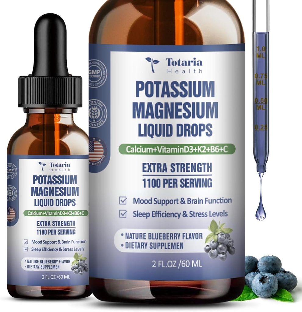 (2 boîtes) Potassium supplément de magnésium gouttes liquides - 200mg Potassium et 600mg Triple complexe de magnésium glycinate liquide huile haute absorption Potasio soutien os, muscles, crampes de jambes