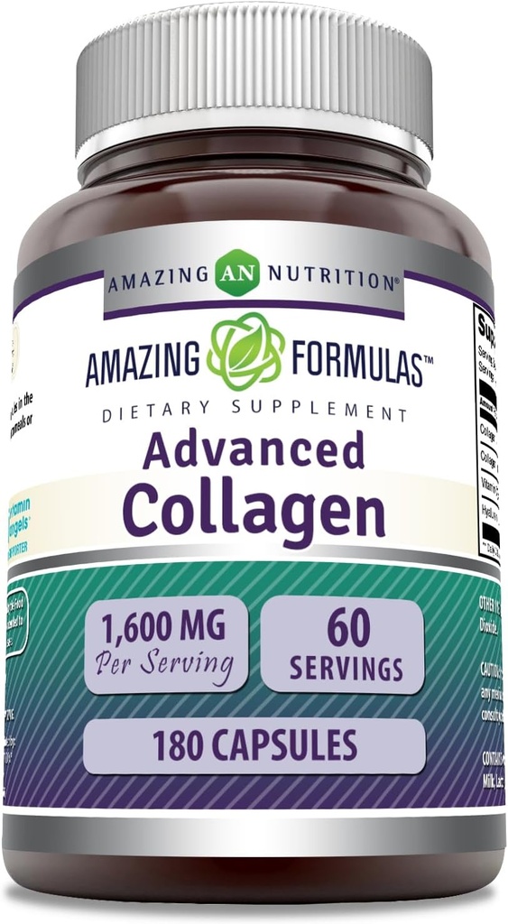 Formules étonnantes Supplément de collagène avancé de type I, II & III, avec vitamine C et acide hyaluronique de 1600 Mg par service de 180 capsules de type non-OGM de fabrication américaine