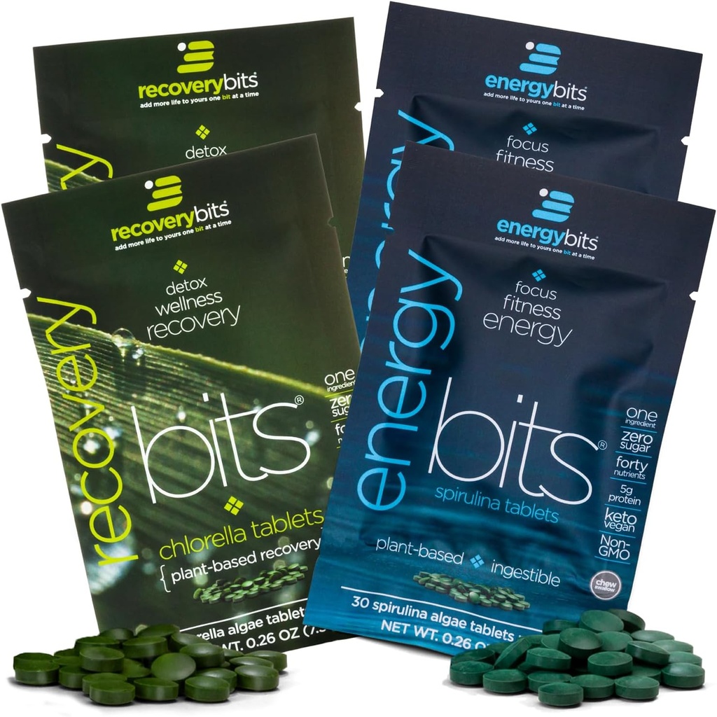 ENERGYbits/RECOVERYbits - Comprimés de Spiruline et Chlorelle organiques - Emballages d'échantillons à portion unique - Superaliments pour algues - Protéines élevées, chlorophylle - Self Care - Vegan, Keto, Sans gluten - 4 sacs, 30/Bag