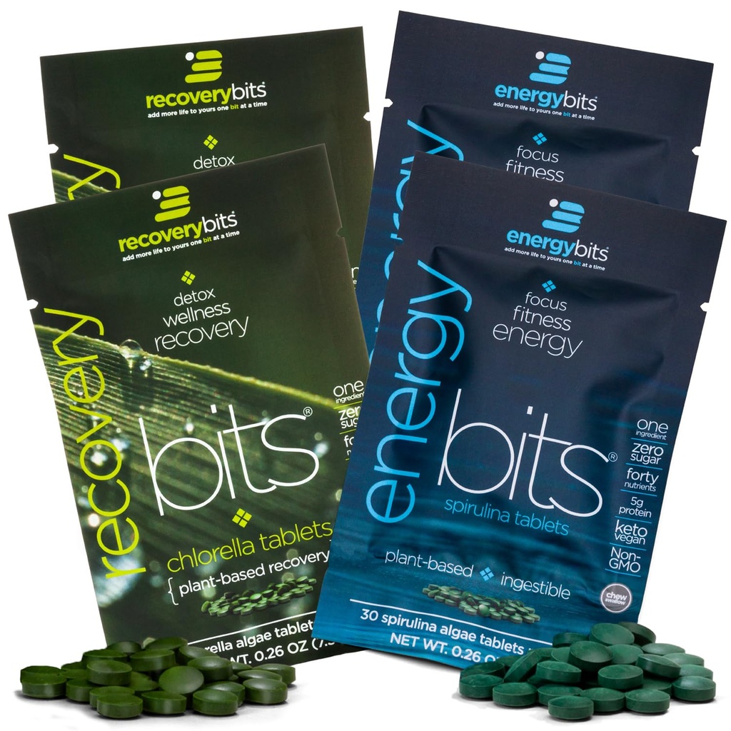 ENERGYbits/RECOVERYbits - Comprimés de Spiruline et Chlorelle organiques - Emballages d'échantillons à portion unique - Superaliments pour algues - Protéines élevées, chlorophylle - Self Care - Vegan, Keto, Sans gluten - 4 sacs, 30/Bag