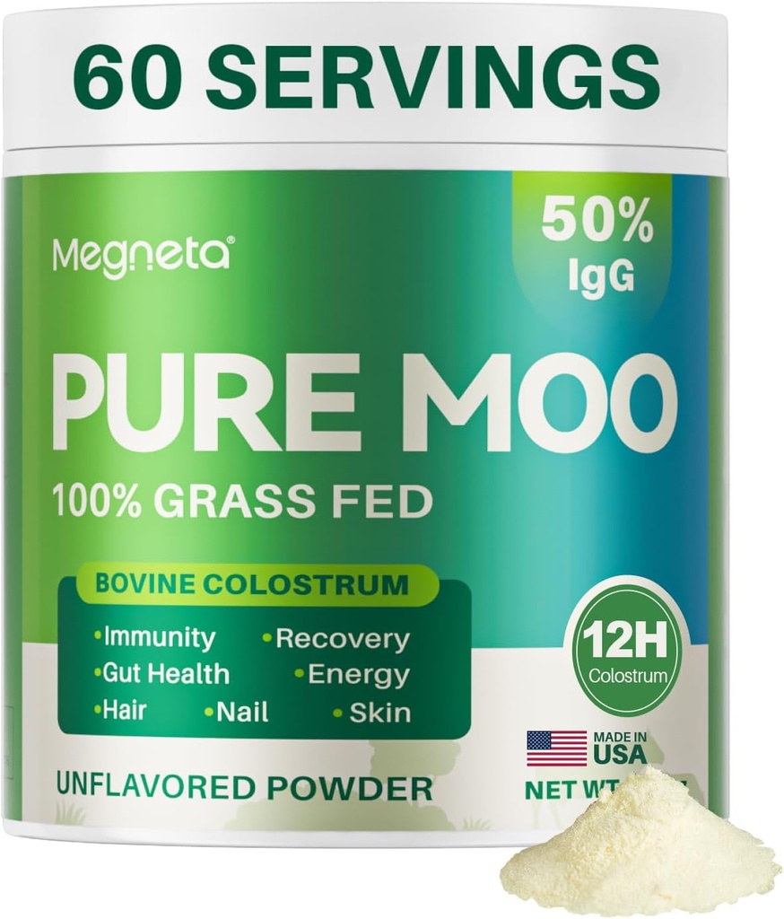Poudre de colostrum, 12H Premier lait, 50% d'IgG, Fovine d'herbe Colostrum pour les humains- Soutiens Gut Health, Immune, Cheveux, Peau- 60 portions