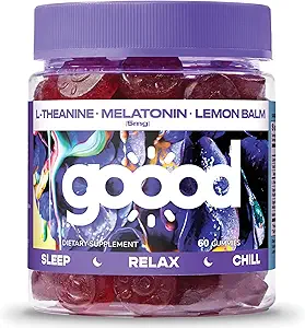 Goood sans sucre Mélatonine Gommies 5mg - Gommies de sommeil pour adultes - Supplément de sommeil avec L-Theanine - Mélatonine 5mg Gommies - Gommies sans gluten et sans OGM Gommies de sommeil pour adultes pour sommeil calme 60 Ct