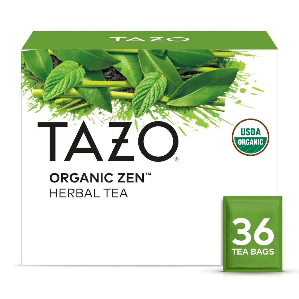 TAZO Organic Zen Green Tea, Caffeinated Tea with Refreshing Lemongrass & Spearmint, 36 Total Bags