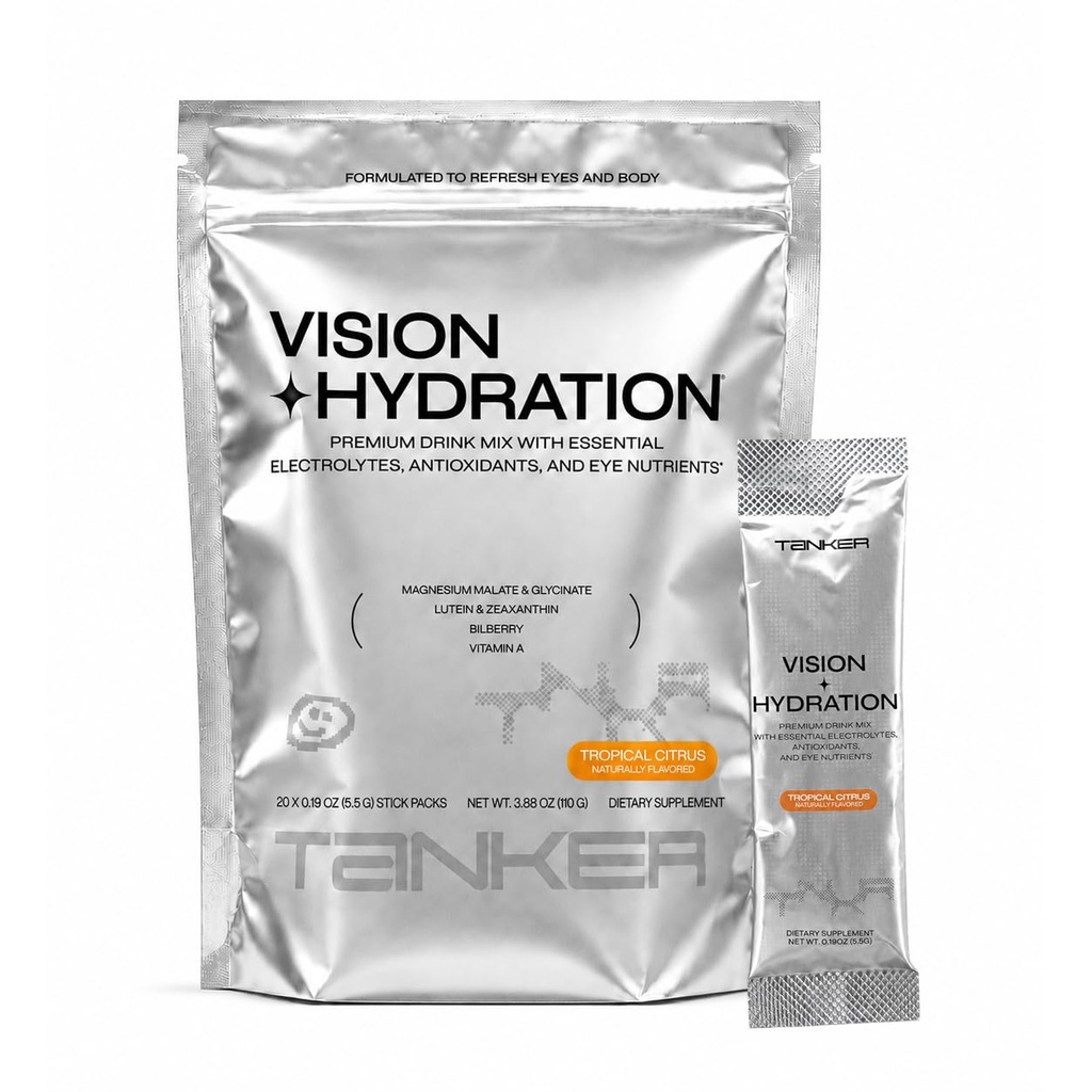 TANKER Vision + Hydration – Supports Eye Health Nutrients and Daily Hydration, Hydration for Dry Eyes, No Added Sugar, Electrolyte Powder Drink Mix Sticks (Tropical Citrus, 1 Pack (20 Sticks))